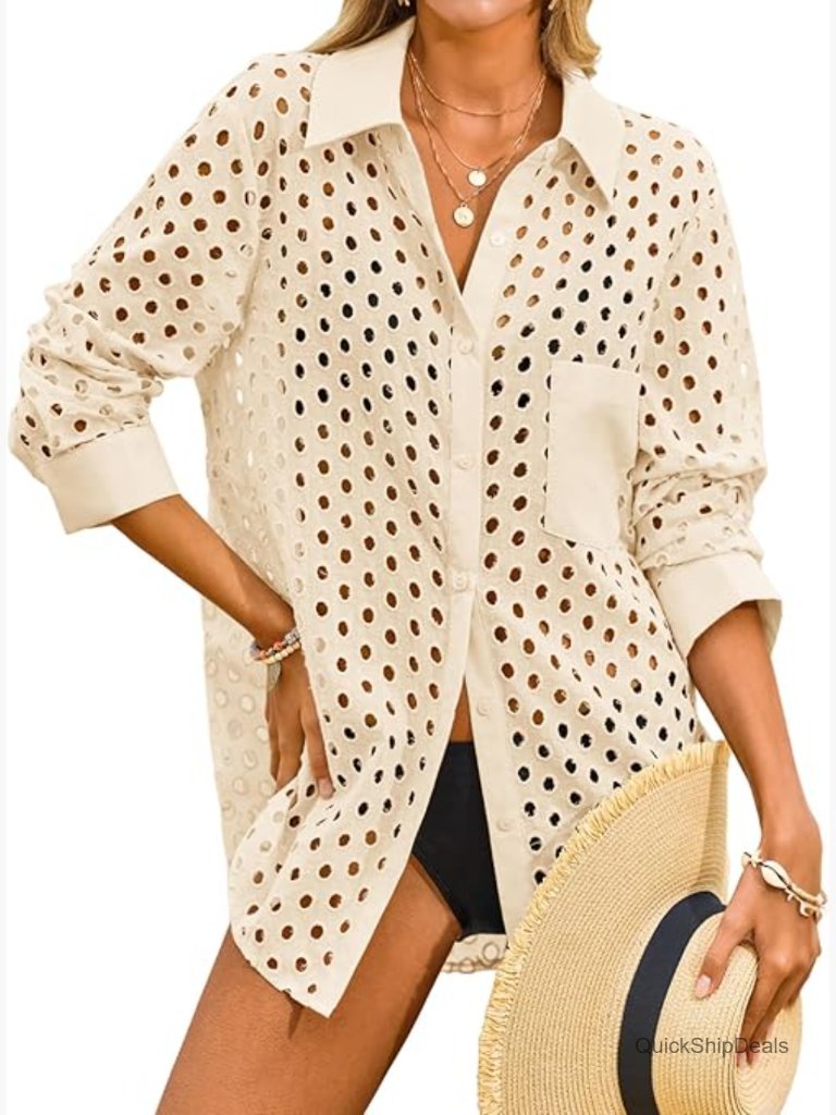 Hollow Out Swimsuit Coverup Button Down Shirt Beachwear Long Sleeve Cotton